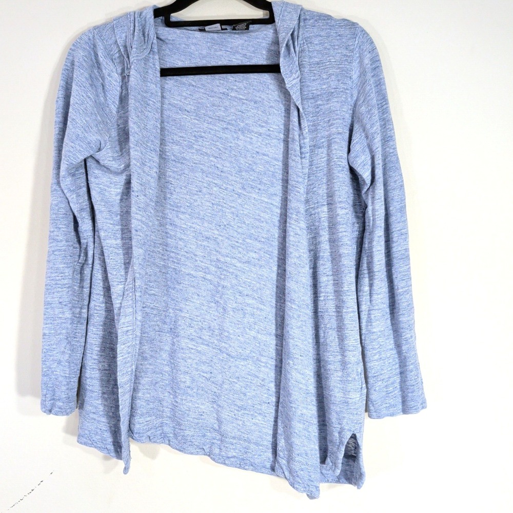 Tahari Blue Linen Hooded Cardigan; Open Front Long Sleeve Lightweight Knit